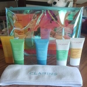 Clarins Skincare Essentials with Colorful Pouch and headband